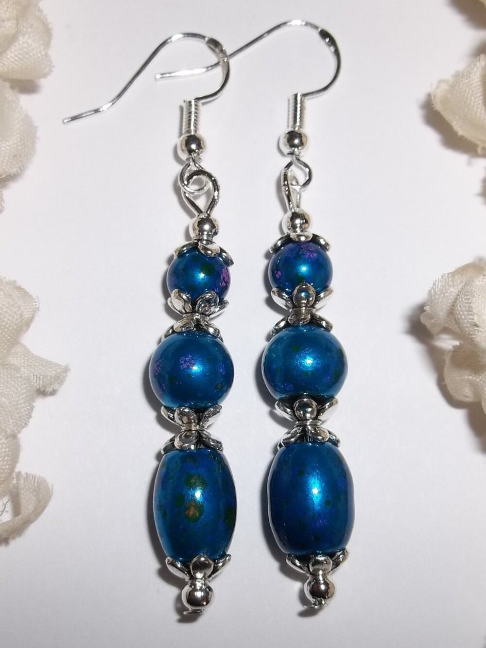 Metallic Blue Earrings Silver Tone Costume Jewelry Beaded Set for Woman D892